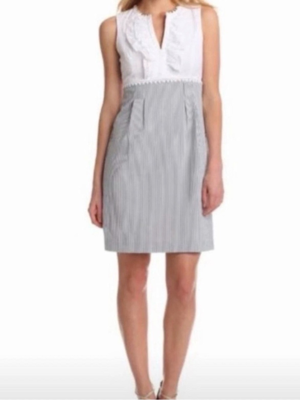 Nine‎ West White Ruffle Eyelet Seersucker Sleeveless Dress Preppy Coastal 14